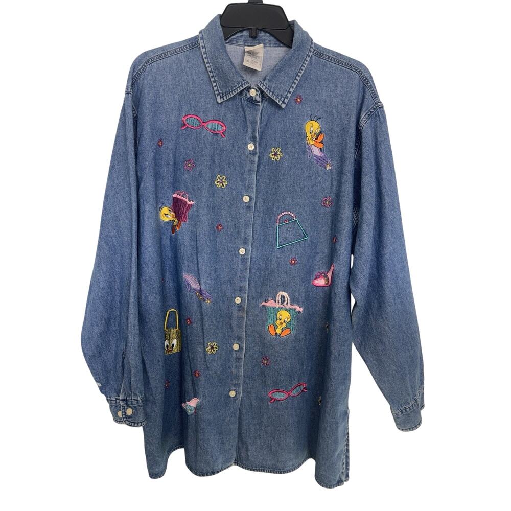 Vintage 2000 Warner Bros Studio Store Tweety Bird Embroidered Denim Shirt XL